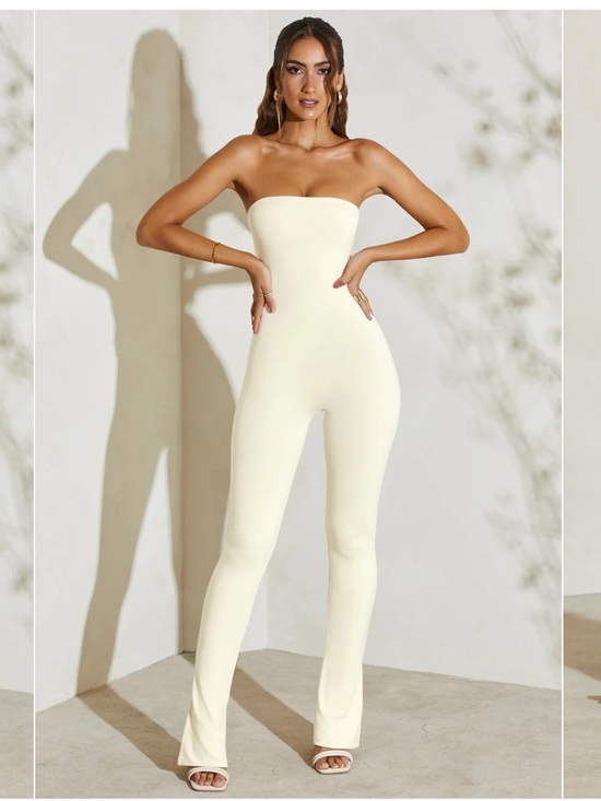 Oh Polly Pants - Jamila Strapless Flared Hem Jumpsuit in Ivory